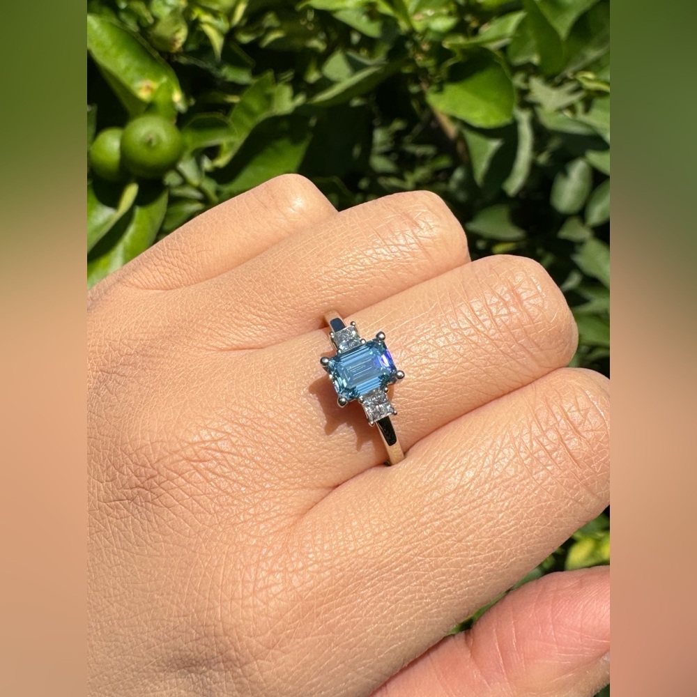 1.4 CTW. VVS2 Emerald Cut Fancy Blue Lab Grown Diamond Three Stone 14K Gold Ring